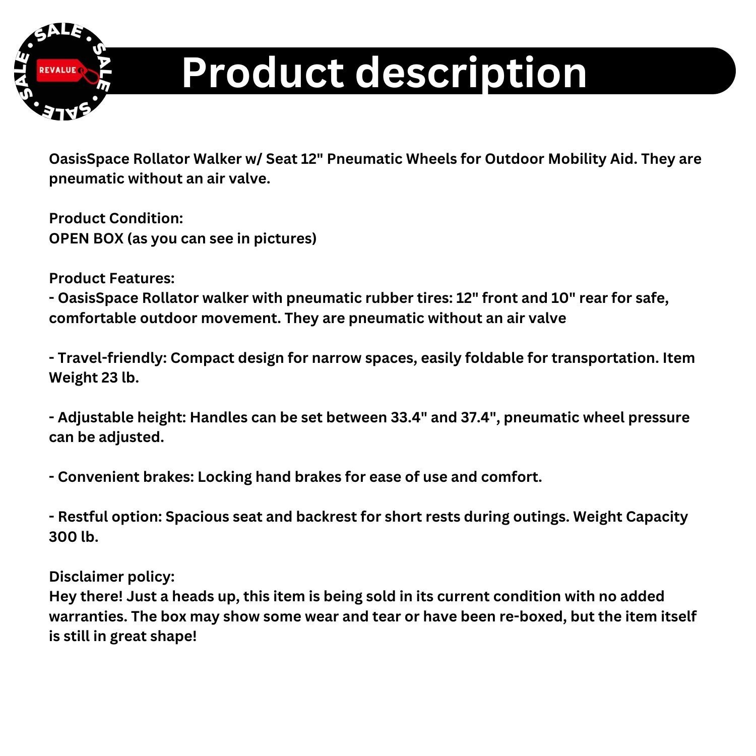 OasisSpace Rollator Walker with Seat 12" Pneumatic All Terrain 300lb eBay