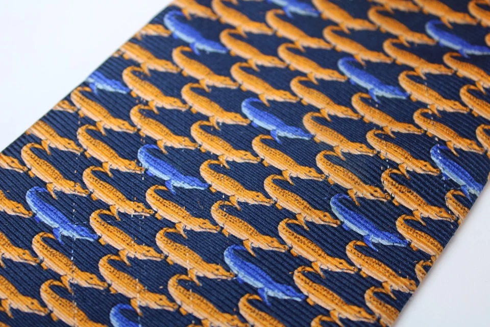 Vtg Via Rossini Silk Men's Necktie MI Italy Orange & Blue Alligators REPP 56x4" - Image 3 of 4