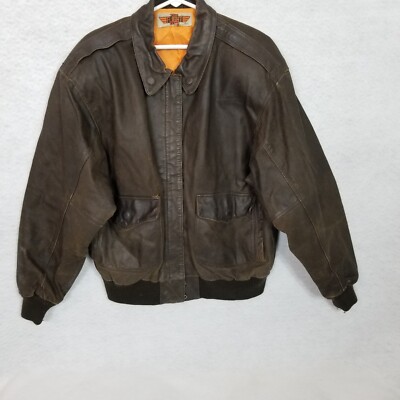 Vtg FLIGHT CLUB Zip Full Leather Distressed Ribbed Cuff Bomber Jacket Brown