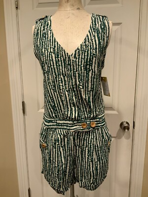 Ett Twa Anthropologie Dark Green & White Patterned V-Neck Romper, Size 0 (US)