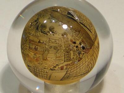 Unique Round Glass Finial Snuff Bottle Oriental Scene Inside 2 1/2'' Diameter