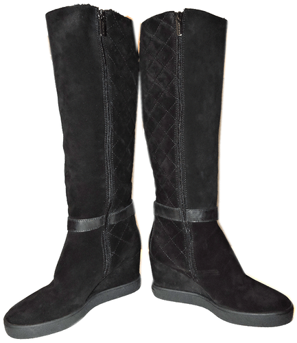 Aquatalia Black Suede Tall Callie Quilted Fur Lined Tall Boot Wedge Bootie 10.5 - Picture 8 of 10