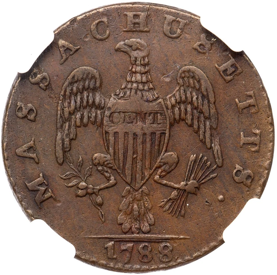 1788 R 8-C R-3 NGC AU 50 Period Massachusetts Cent Colonial Copper - Image 2 of 3