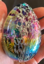 VTG Paperweight Hand Art Glass White Rainbow Bubbles Splatter Blue Purple LG