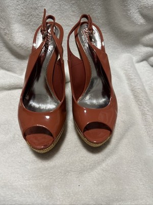 GUCCI PATENT LEATHER PLATFORM WEDGES CORAL SIZE 37.5 used excellent 