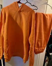 OQQ Orange Fleece Sweatsuit Set L Solid Hoodie Tapered Jogger Pants