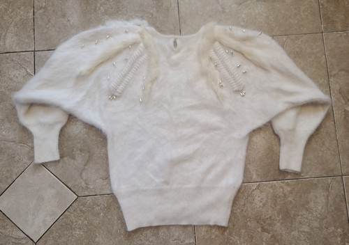 Vintage 90s Christine Phillipe California Angora Fur & Faux Pearls Sweater Small - Bild 15 von 23
