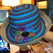 Panama Jack Striped Hat with Flower Accent Lightweight Crushable
