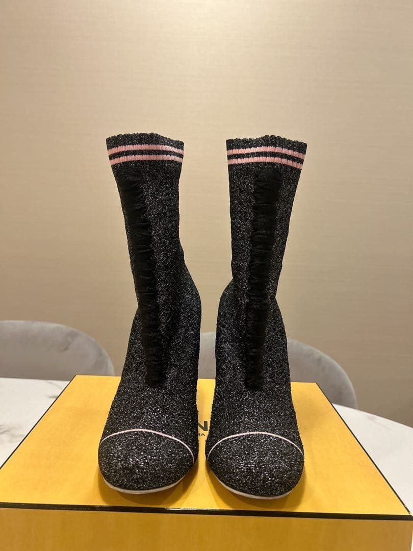 FENDI High heel Knit Socks Boots 37 Black X Pink Auth Women | eBay