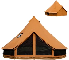 Canvas Bell Tent with Stove Jack, 4-6 Person Use with 360° Ventilated Mesh, Dia1