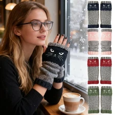 Women's Fingerless Gloves-Cat Embroidery Knitted ,Winter Warming,Fashion,Casual 