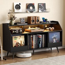 55 Inch Record Player Stand LED 2 Drawers 500 Albums Charging Station Black