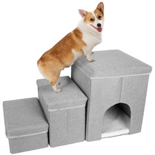 Pet Stairs for Small Dogs and Cats, Adjustable Folding Steps with Toy Storage an