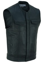 Rubsons Men's Cowhide Leather Collarless Club Style Biker Motorcycle Vest