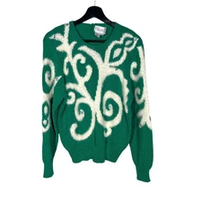 Vintage 90s Green White Sequin Beaded Angora Wool Blend Sweater Medium