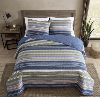 Eddie Bauer Yakima Valley Stripe King Quilt Set 3 Piece 100% Cotton Reversible