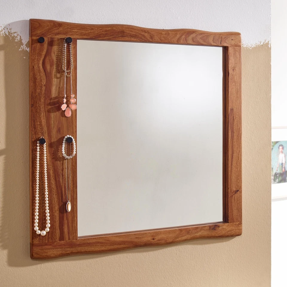 FineBuy Miroir Murale Bois Massif Sheesham 80x80x3 cm Miroir Mur Couloir Grand - Photo 1/4