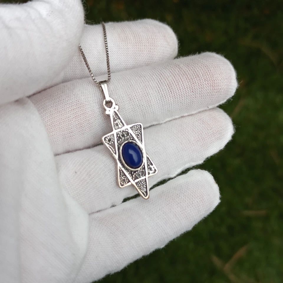 Винтажный серебряный звезда Давида ожерелье глубокий синий филигранный мужчин женщин 925 подарочная коробка - Изображение 2 из 4