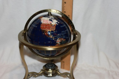 Lapis Gemstone World Globe 8" Desk Top Semi Precious Stone Inlaid Compass - Picture 2 of 4
