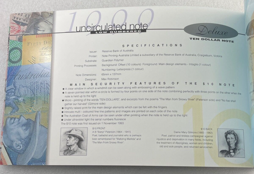1999 Australian Decimal Dated Annual Black Serials Banknote Deluxe Set "AA99" - Foto 5 di 12
