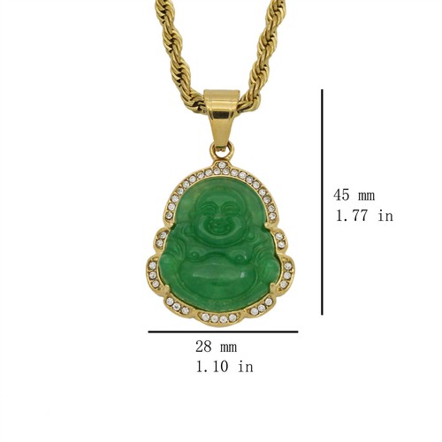 Natural Stainless Steel Rhinestones Laughing Jade Buddha Pendant Necklace Chain - Picture 3 of 17