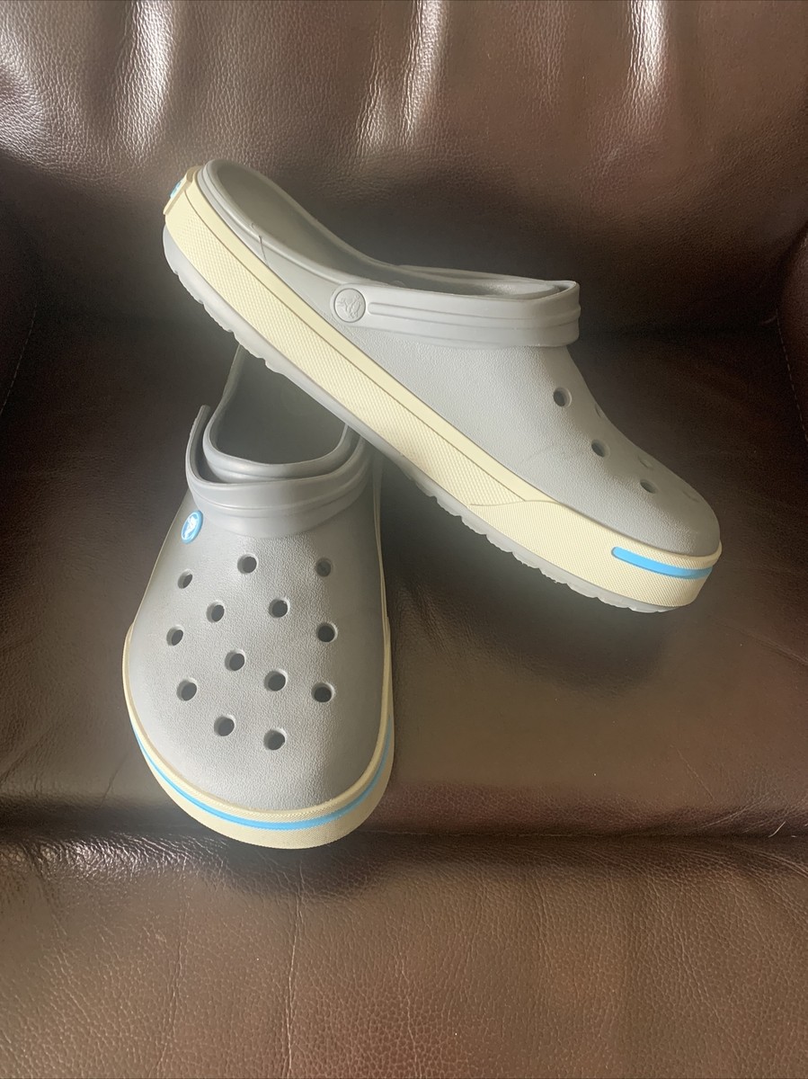 Mens Crocs crocband ii Size 13 Grey Tan With Blue Stripe
