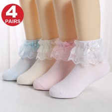 4Pair Girls Lace Ruffle Frilly Princess Cotton Socks Breathable Kids School Sock
