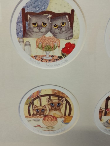 Gerahmte Linda Jane Smith Limited Edition Greedy Cats 4er Set signiert, Katzen fressen - Bild 2 von 10