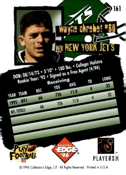 1996 Collector's Edge #161 Wayne Chrebet - Image 2 of 2