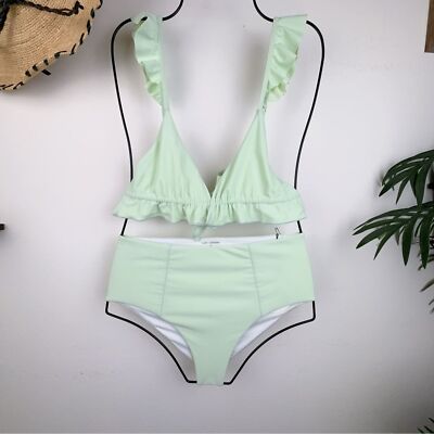 Lost and Wander Sage for Days Ruffle Top & High Waisted Bottom Bikini Swimsuit S