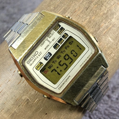 Vintage 1980 Seiko SQ Men A128-5019 Chronograph Two Tone Quartz Digital Watch 8"