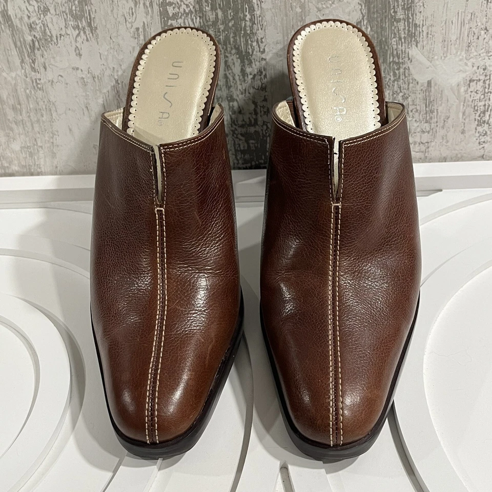 Zuecos UNISA de cuero marrón Western STARLING tacón alto MULES para mujer 8,5 B Brasil Foto 2 de 4