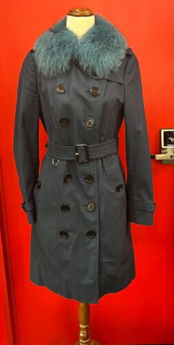 Burberry London Blue Trench Coat with iconic checkered lining & fur collar - Picture 1 of 5