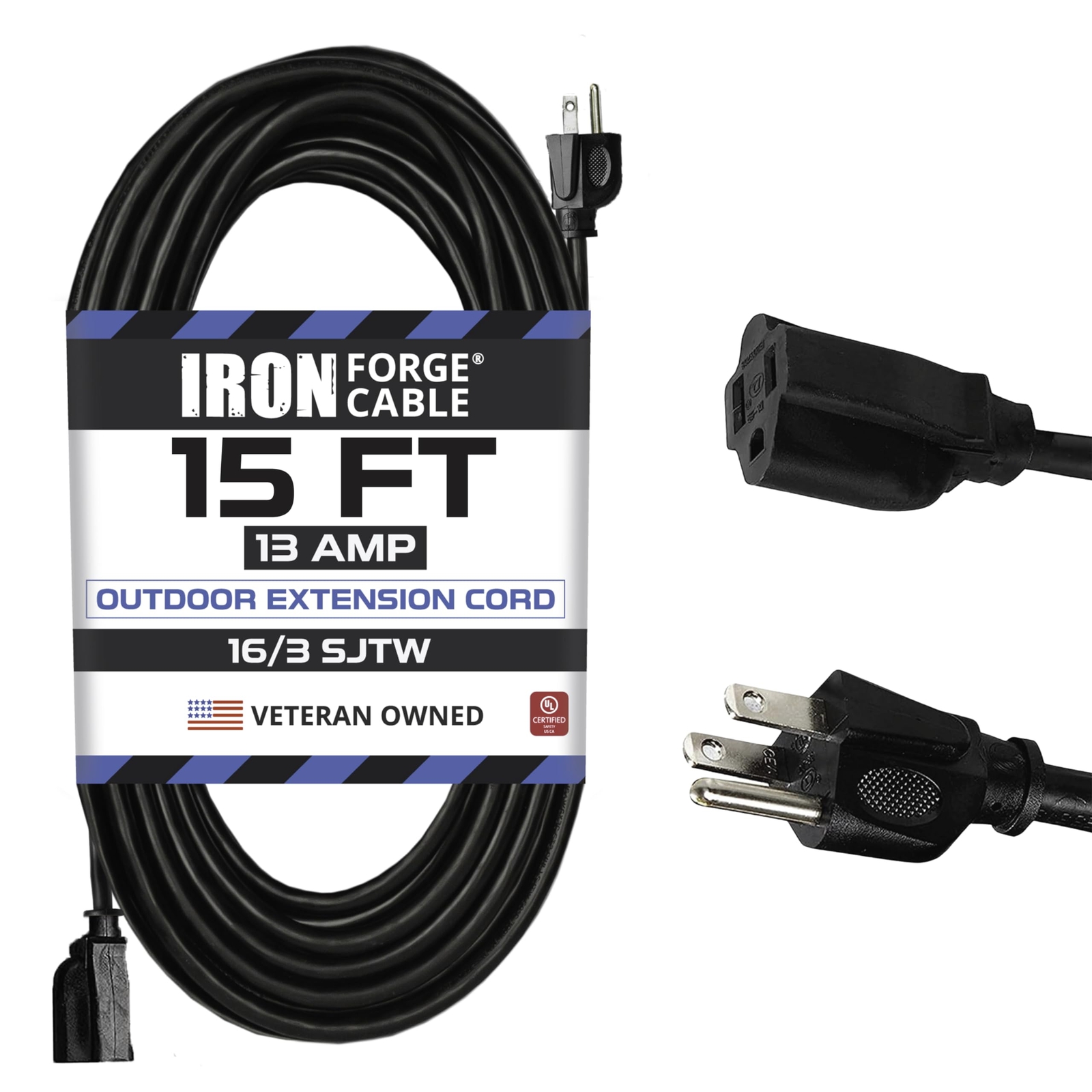 Weatherproof Outdoor Extension Cord 15 ft, 16/3 SJTW Heavy Duty Black Extensi...