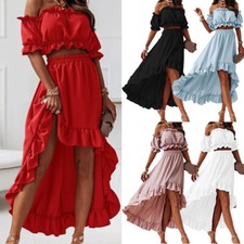 2PCS Women Ruffle Frill Crop Tops Off Shoulder Maxi Skirt Set Beach Dress Suit