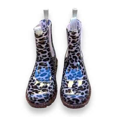 Wonder Nation Girls Chelsea Pink Leopard Glitter Pull On Rain Boots Size  4-5