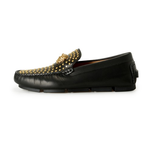 Versace Men's Black Leather Gold Medusa & Studs Driver Loafers Shoes US 7 IT 40 - Picture 2 of 8