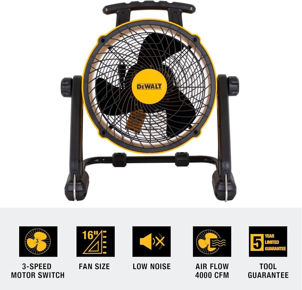 Dewalt 16 Inch 3-Speed Portable Shop Job Fan, Benchtop, Hanging, 4000 ...