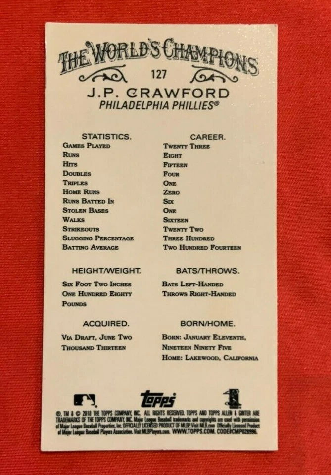 2018 Topps Allen & Ginter #127 JP Crawford Glow in the Dark Mini Parallel Rookie - Image 2 of 2