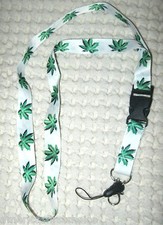 White with Green MJ Marijuana Weed Leaves 15" lanyard ID Holder  Mobile Devices