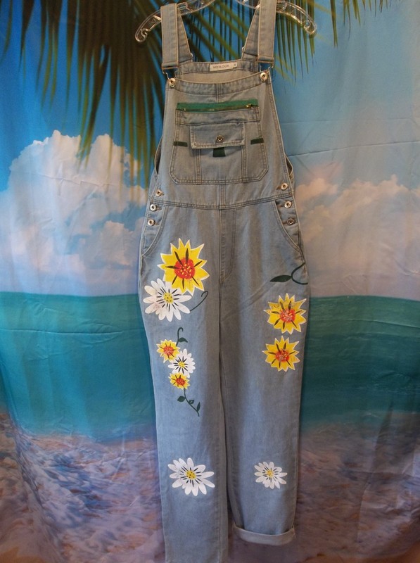 MISSLOOK Overalls Womens Size Medium Denim Sunflowers Daisies Kangaroo pocket 