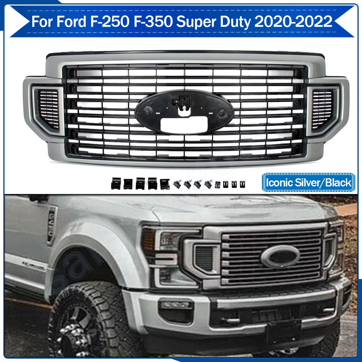JS Iconic Silver Front Bumper Grille For Ford Super Duty F250 F-350 F450 2020-22