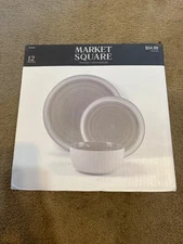 12 Piece Market Square Porcelain Dish Set Gray White Plates Bowls Dinnerware NEW