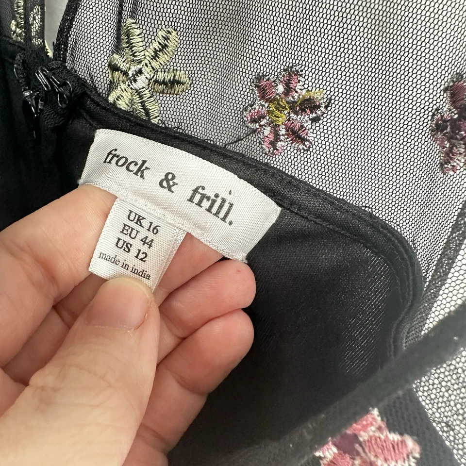 Vestido Frock & Volantes Mujer 12 Negro Floral Bordado Malla Maxi Sin Mangas Foto 4 de 4