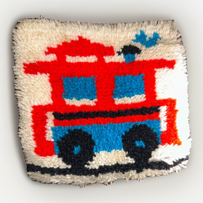 Vintage Locomotive Train Latch Hook 12 X 12 Wall Hanging Red White Blue