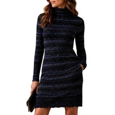 White House Black Market Blue Metallic Striped Turtleneck Cutout Back Dress M