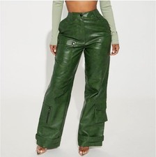 Fashion Nova Green Faux Leather Cargo Pants Straight Leg Zipper Button D-Ring