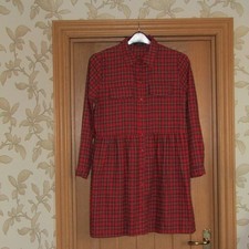Boohoo Red Tartan Check Skater Shirt Dress UK Size 12 Long Sleeve Pocket Detail