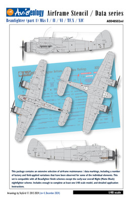 Aviaeology AOD48S02M1 1:48 Bristol Beaufighter Flugzeugzelle Schablone/Datenmarkierungen
