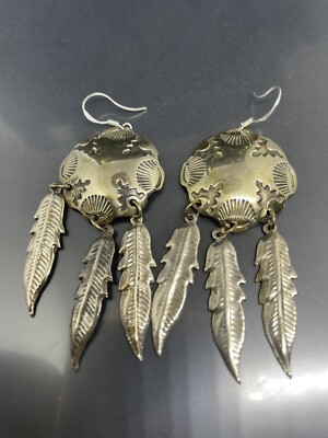 SilverTone NOT SILVER Southwestern Style Pierced Dangling Feathers 3  Earrings